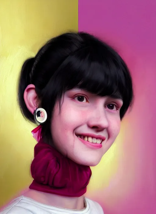 Image similar to portrait of high school girl, realistic, black hair, bangs, half updo hairstyle, pointy nose, skinny, smile, ugly, defined jawline, big chin, pink hair bow, earrings, intricate, elegant, glowing lights, highly detailed, digital painting, artstation, sharp focus, illustration, art by wlop, mars ravelo and greg rutkowski