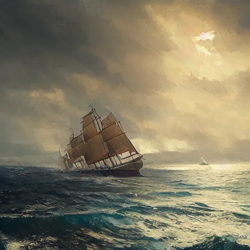 Image similar to A Pacific Islander woman watches a European tall ship approaching shore, digital art by Greg Rutkowski