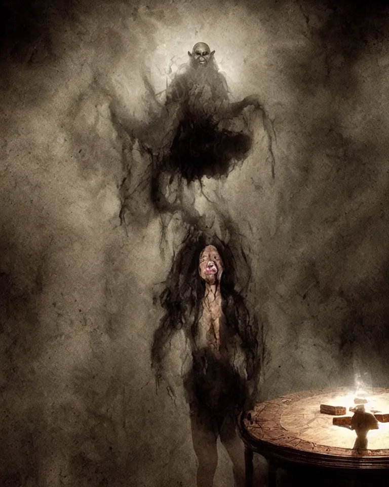 Image similar to malevolent spirit emerging from a Ouija board, detailed realistic cinematic, set design, concept art