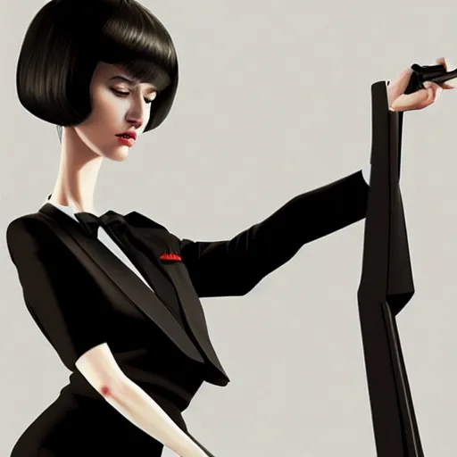 Image similar to slim girl in black tuxedo, corporate boss, luxury, 2d, ultra highly detailed, smooth, sharp focus, digital art, digital painting, elegant, artstation, by Ilya Kuvshinov