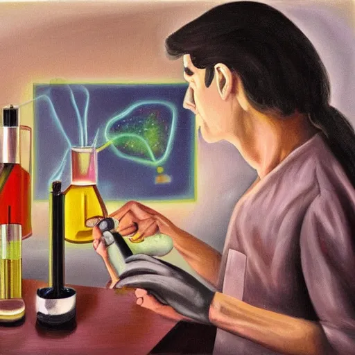 Image similar to a scientist discovered in his laboratory the cure for cancer. digital art. oil in painting.