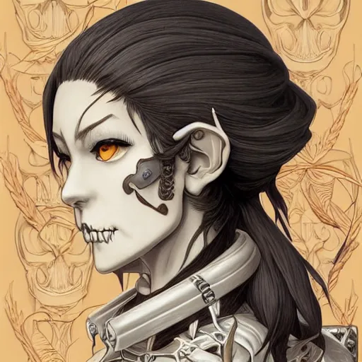 Image similar to anime manga skull profile young woman skeleton, elf, galadriel, astronaut , unreal engine, intricate, elegant, highly detailed, digital art, art by JC Leyendecker and sachin teng