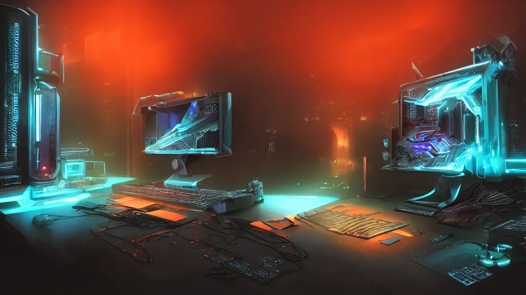 Image similar to a cyberpunk overpowered computer. Overclocking, watercooling, custom computer, cyber, mat black metal, alienware, futuristic design, desktop computer, nebula, galactic, space, minimalist desk, minimalist home office, whole room, minimalist, Beautiful dramatic dark moody tones and lighting, orange neon, Ultra realistic details, cinematic atmosphere, studio lighting, shadows, dark background, dimmed lights, industrial architecture, Octane render, realistic 3D, photorealistic rendering, 8K, 4K, Cyborg R.A.T 7, Republic of Gamer, computer setup, highly detailed