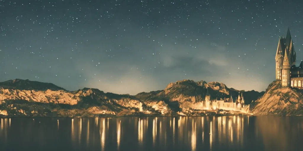 Prompt: Film still. Screenshot. Hogwarts night landscape. night lights. stars in the sky. cold blue hues. muted colors. high clouds. lake. magic. beautiful. perfect. 35mm lens. extremely detailed. 4K.