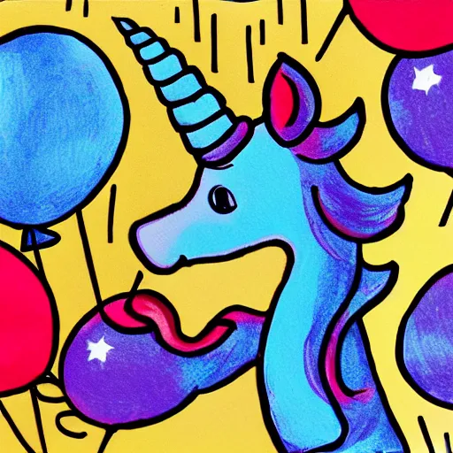 Prompt: unicorn with a smirk popping balloons with its horn, black ink on paper