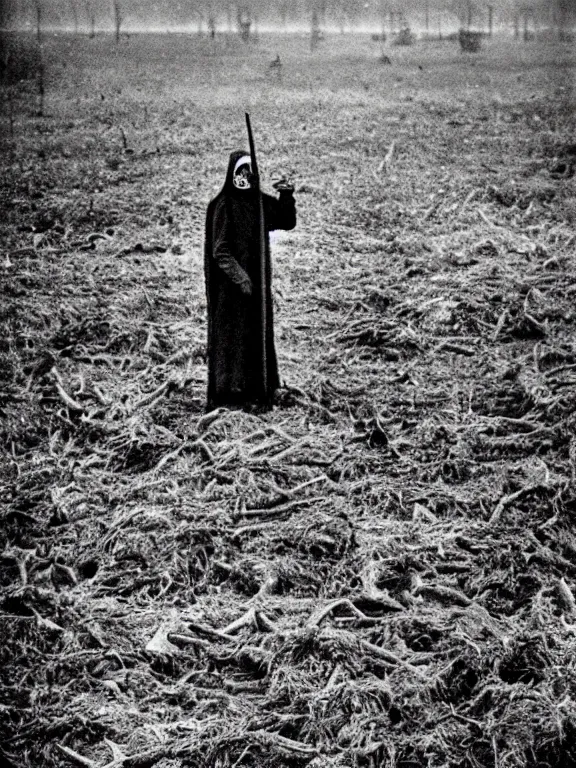 Image similar to portrait of faceless grim reaper standing in field of bones, ww1 photo, grainy, high detail, high resolution,