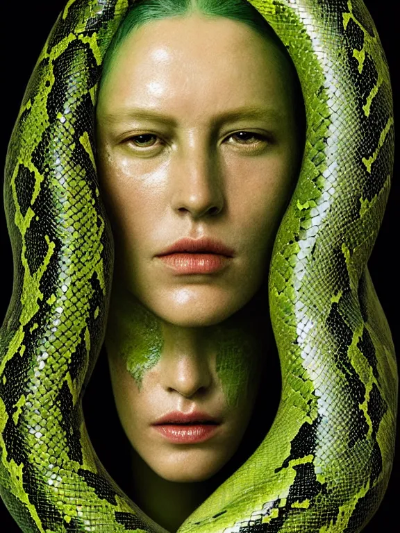 Image similar to portrait of the queen, skin peeling to reveal green! scales!, forked snake tongue sticking out, art by ryo shiotani and greg rutkowski, intricate, beautiful, portrait photography, cinematic lighting, vintage art by serge ivanoff, high resolution, very detailed