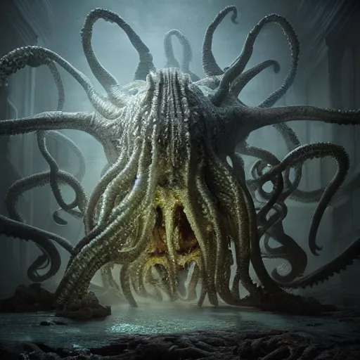 Image similar to full body pose, hyperrealistic photograph of the horror of cthulhu, dim volumetric lighting, 8 k, octane beautifully detailed render, extremely hyper detailed, intricate, epic composition, cinematic lighting, masterpiece, trending on artstation, very very detailed, stunning, hdr, smooth, sharp focus, high resolution, award, winning photo, dslr, 5 0 mm