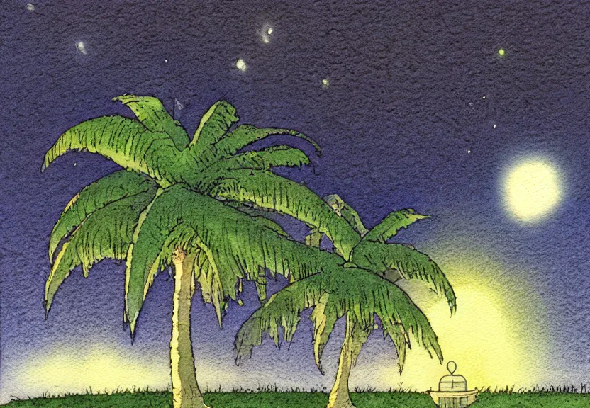 Image similar to a simple watercolor fantasy concept art of a dark grey boxy ufo from independence day ( 1 9 9 6 ) next to a palm tree at night. by studio ghibli, rebecca guay, michael kaluta, charles vess