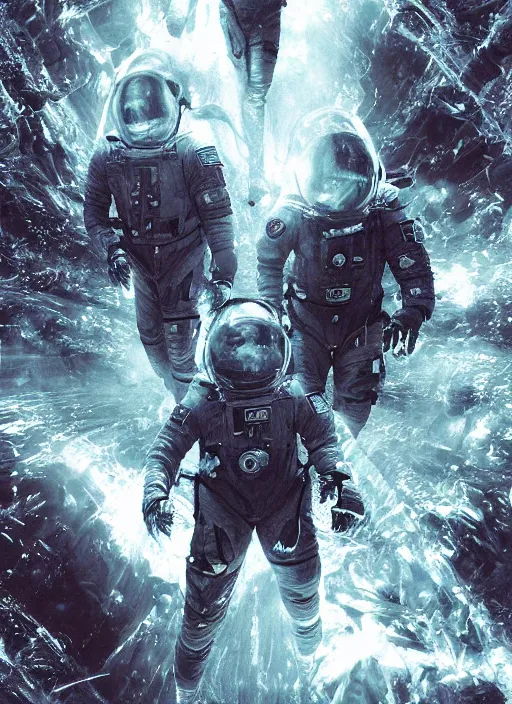 Image similar to astronauts in dark and empty void underwater - complex and hyperdetailed technical suit. reflection and dispersion materials. rays and dispersion of light. volumetric light. 5 0 mm, f / 3 2. noise film photo. flash photography. ultra realistic, wide angle. poster by wayne barlowe, hajime sorayama aaron horkey, craig mullins