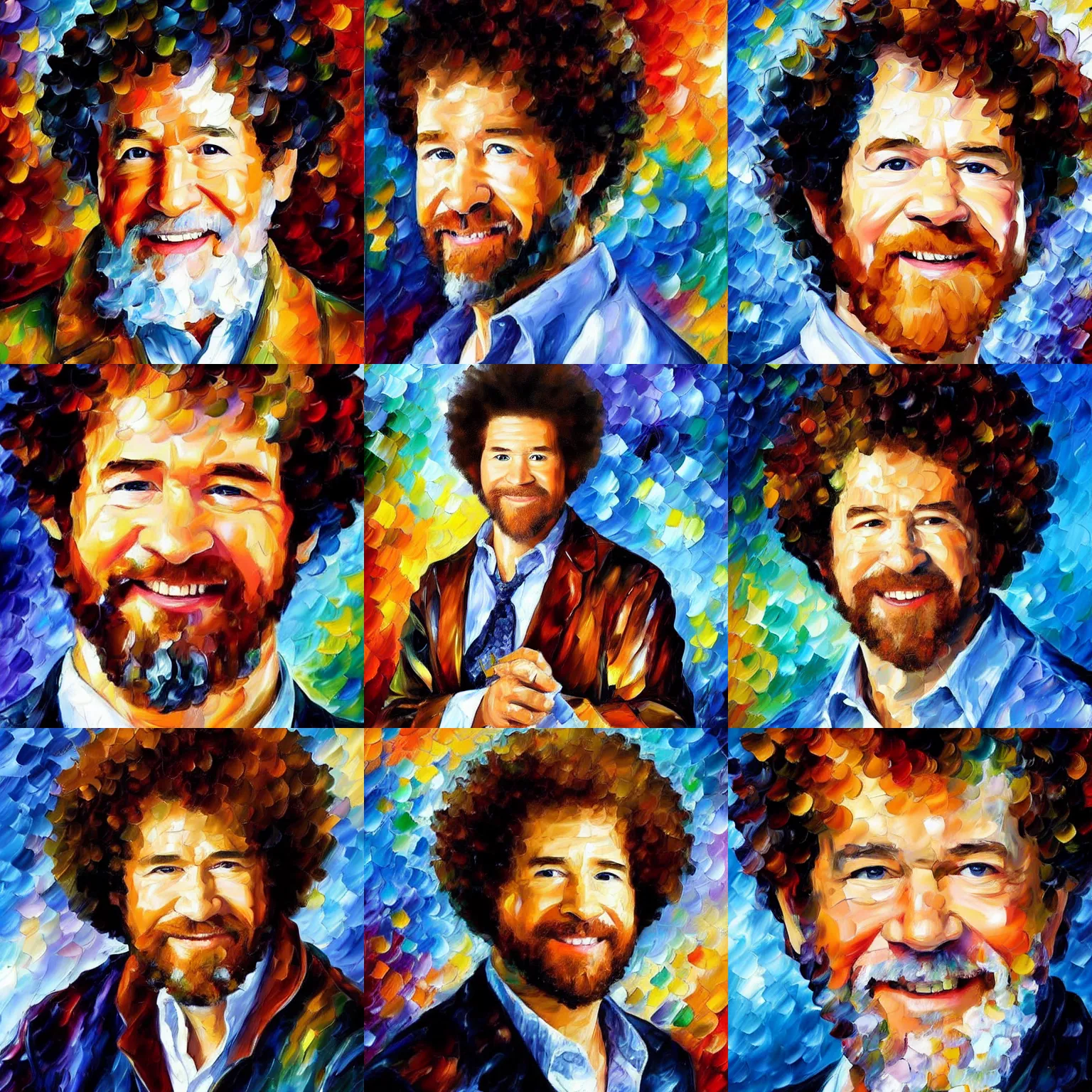 Prompt: a portrait of bob ross, intricate, highly detailed, 8 k. palette knife oil painting on canvas by leonid afremov.