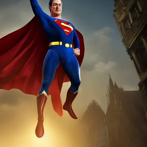 Image similar to Portrait of Nigel Farage as superman, heroic, amazing splashscreen artwork, splash art, head slightly tilted, natural light, elegant, intricate, fantasy, atmospheric lighting, cinematic, matte painting, detailed face, by Greg rutkowski