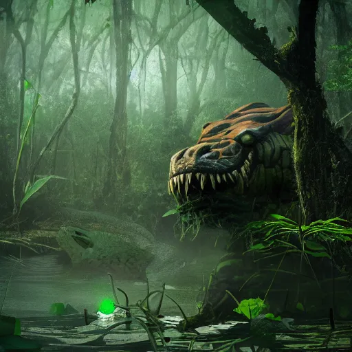 Prompt: A photograph of a giant monster lurking in the swamp, crocodile, mangrove swamp, murky water, (vines), gorilla, trending on artstation, bog, ((tiger)), Godzilla, (((dragonfly))), ((mist)), bugs, lilypad