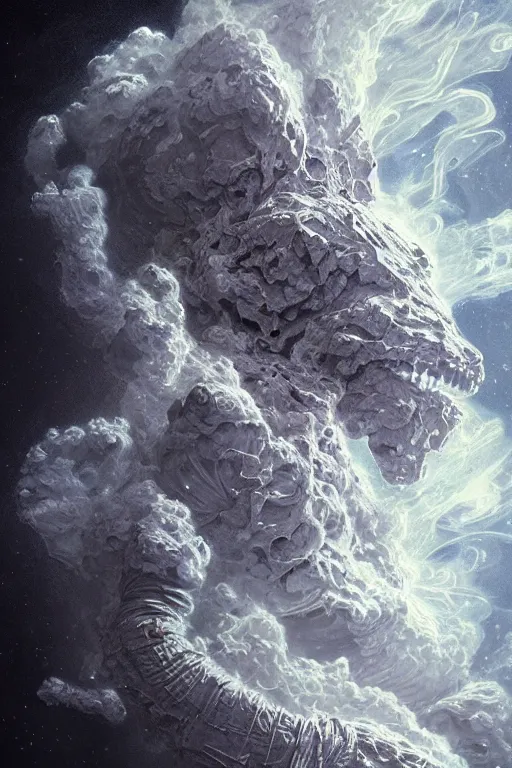 Image similar to close up shot of a full body floating astronaut smoke elemental fading into white smoke, high contrast, james gurney, peter mohrbacher, mike mignola, black paper, mandelbulb fractal, trending on artstation, exquisite detail perfect, large brush strokes, bold blacks and pinks and blues tones, intricate ink illustration, black background