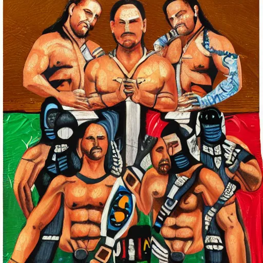 Prompt: lucha bros versus the young bucks aew, medieval painting, oil painting