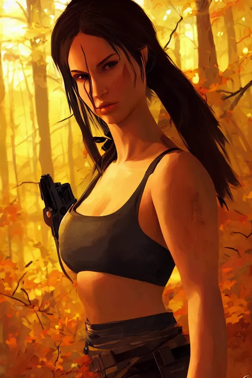 Image similar to lara croft portrait artwork by ilya kuvshinov, autumn natural lights