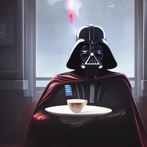 Prompt: Darth Vader chilling in a coffee shop sipping on his hot steaming coffee, hyperdetailed, artstation, cgsociety, 8k