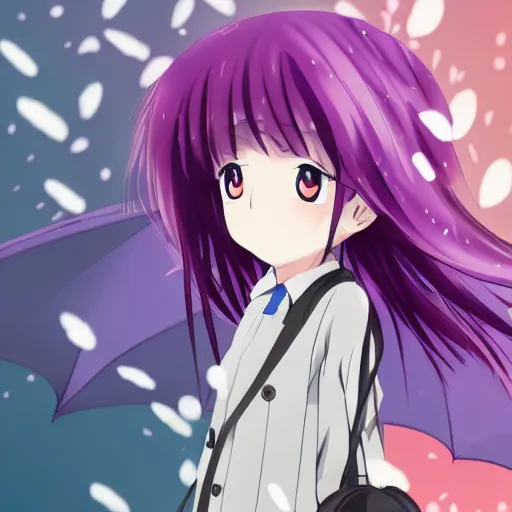 Image similar to screenshot of an anime where girl in raincoat is holding umbrella, purple tone, pixiv