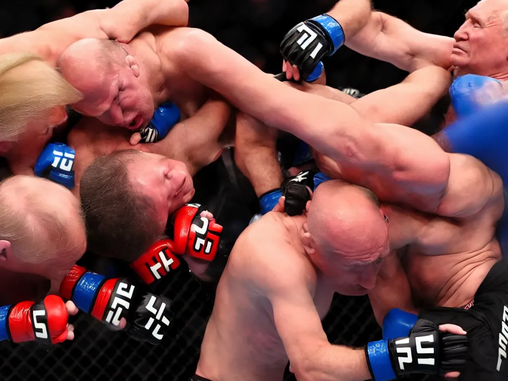 Image similar to a perfect color action photograph of donald trump and vladimir putin fighting in the ufc. guillotine choke. strong lighting. lots of sweat and haematomas.