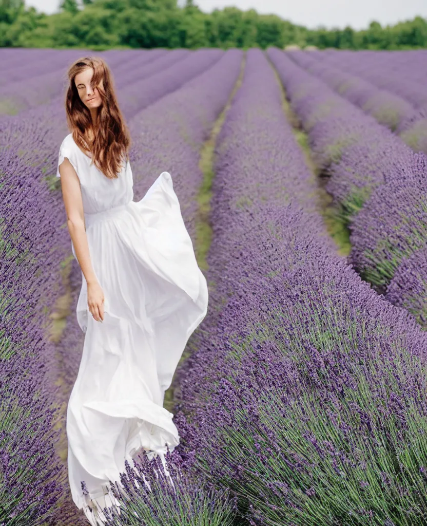 Image similar to A portrait of a French woman, mid-20s, wearing a white flowing dress, in a lavender field in France, 85mm, medium shot, 1.2, Kodak Portra, trending on Instagram