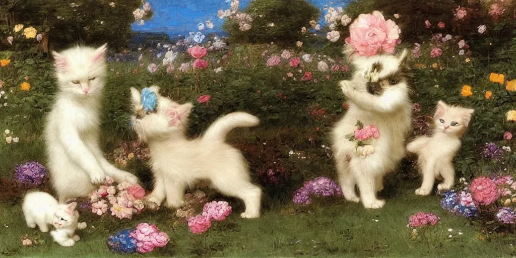 Image similar to 3 d precious moments plush puppy and kitten with realistic fur and gold, white, pastel blue, deep greencolor scheme, field of flowers, petals falling, master painter and art style of john william waterhouse and caspar david friedrich and philipp otto runge