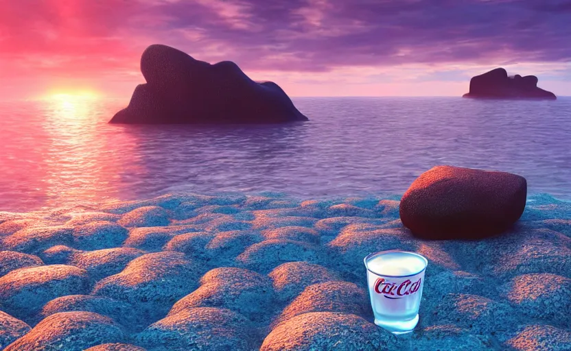 Image similar to a cubic cup of coca-cola with small gas bubbles on a rock near the sea at sunset, anime style, 8k hdr, hyperrealistic, highly detailed, high quality, high coherence, godrays, complementary colours, turbulent sea, path tracing, breathtaking landscape, cinematic lighting, concept art, trending on Artstation