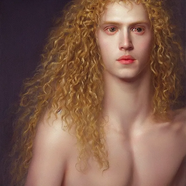 Prompt: a striking hyper real painting of Lucius the pretty pale androgynous albino prince, golden hour, beautiful delicate smile soft pink lips and lavender eyes, long fluffy curly light blond hair by Jan Matejko