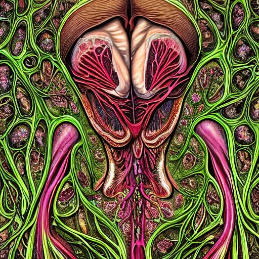 Image similar to a beautiful detailed photo of a rotten woman corpse morphing into fractal plants and fractal flowers and mushrooms, muscles, veins, anatomical, intricate, ornate, volumetric light, beautiful lit, alex grey