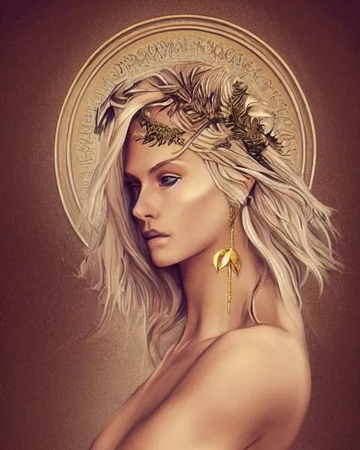 Image similar to tattoo design sketch of hot blonde super model as aphrodite greek goddess wearing a gold laurel wreath and triangle earrings, beautiful piercing gaze with sharp pupils, in the style of greg rutkowski, fantasy, amazing detail, epic, elegant, smooth, sharp focus, front view