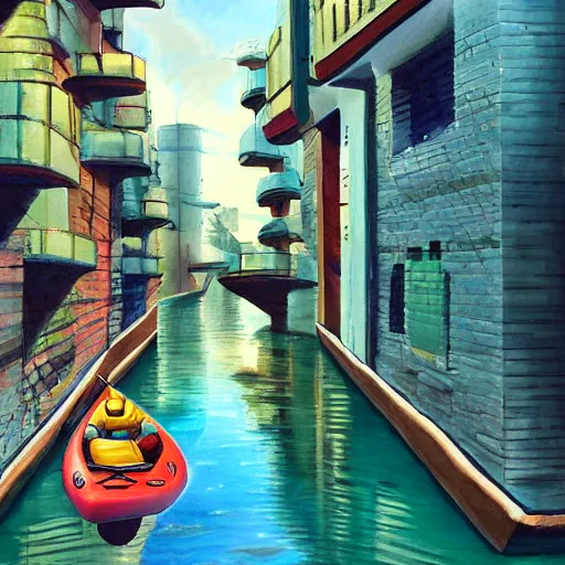 Image similar to Narrow cosy waterway with kayak in futuristic sci-fi city in harmony with nature. Nice colour scheme, soft warm colour. Beautiful detailed painting by Lurid. (2022)