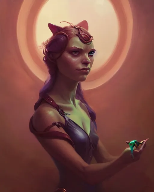 Prompt: a portrait of a frog - like woman, cat - eye eyeliner, by mandy jurgens and pete mohrbacher and greg rutkowski, low angle, fantasy, d & d