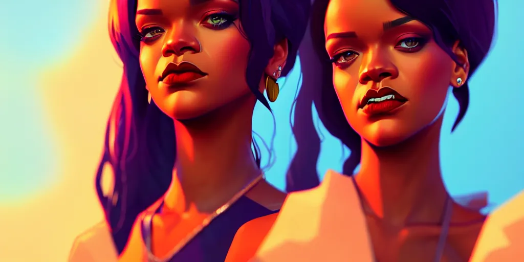 Image similar to low angle portrait of Rihanna, tepainting concept Blizzard pixar maya engine on stylized background splash comics global illumination lighting artstation lois van baarle, ilya kuvshinov, rossdraws