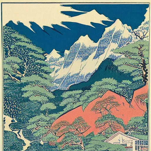 Prompt: Lauterbrunnen in the summer. woodblock print by Hokusai, masterpiece