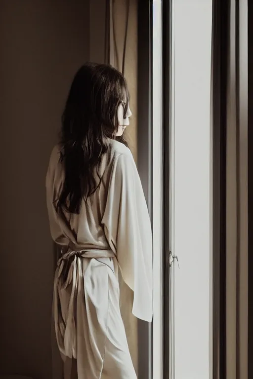 Prompt: a stunning brunette, wearing a silky robe, sunlight shining through, standing near a window, cinematic, by wlop