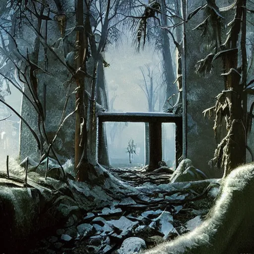 Prompt: stairs leading to a frozen derelict portal in a middle of a snowy lush futuristic forest, lush world seen only through a portal, daylight, cinematic lighting, blue sky, syd mead, john harris