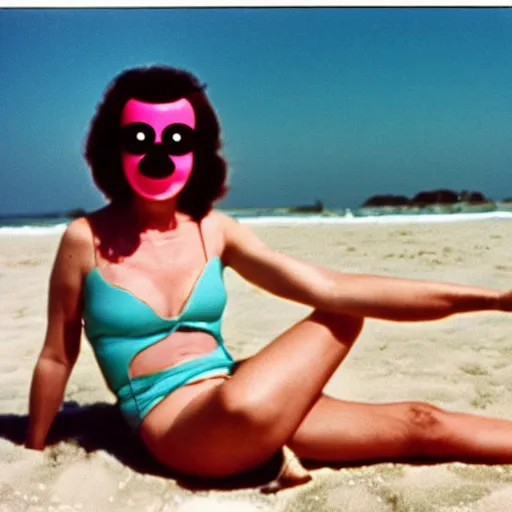 Prompt: 1976 woman wearing a happy squishy inflatable prosthetic mask with googly eyes, soft color wearing a swimsuit at the beach 1976 color film 16mm holding a an inflatable fish Fellini John Waters Russ Meyer Doris Wishman old photo