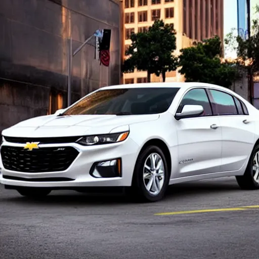 Prompt: a white 2019 Chevy Malibu parked in downtown LA