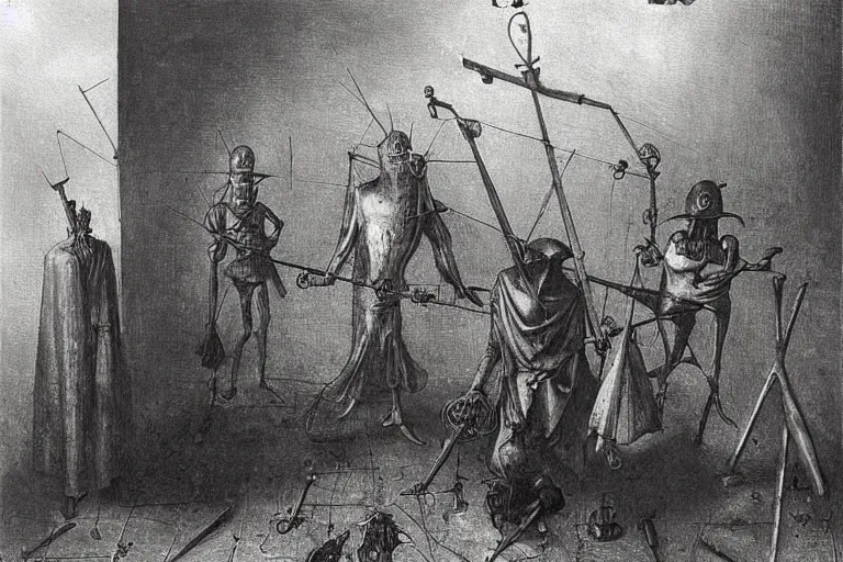 Prompt: a photo of plague doctors with rube goldberg machines in the fog by joel peter witkin, heironymus bosch, gustave dore, beksinski