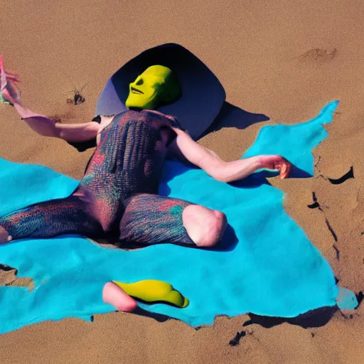 Image similar to nosferatu sunbathing on the beach, colorful photograph, beautiful day