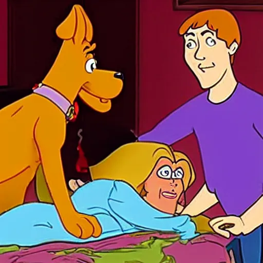 Prompt: scooby - doo on deathbed, freinds and family surround him with love, shaggy holding his paw, hospice, hannah barbera, animated tv show