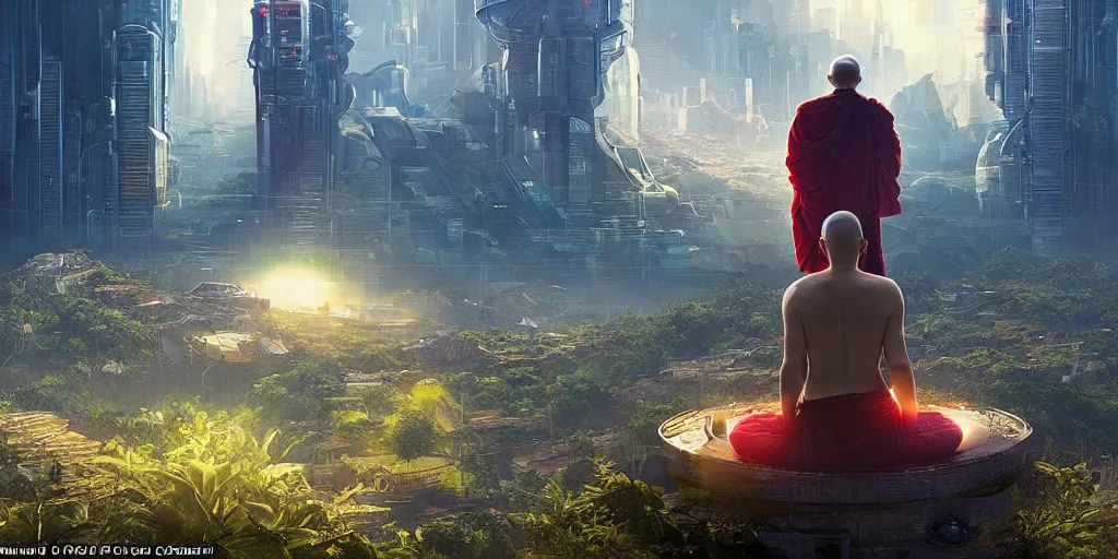 Image similar to a cinematic composition depicting : a computer run cyberpunk civilization encroaching on a solarpunk world, on top of the mountain a monk is in a lotus pose overlooking a hopeful and lush foresty solarpunk valley at sunrise