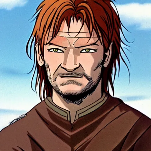 Prompt: boromir from the anime lord of the rings (1986), ginger hair, looking serious, some beard, studio ghibli, very detailed, realistic