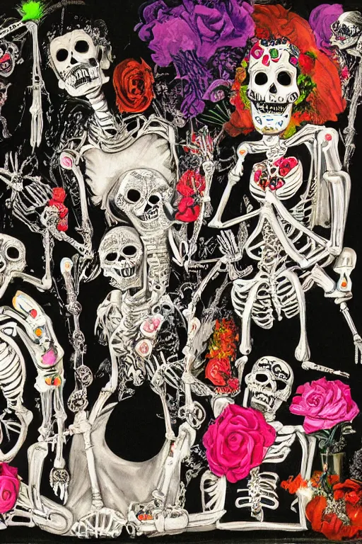 Image similar to scene from wedding, day of the dead, cyber skeletons, queen in black silk in the center, neon painting by otto dix