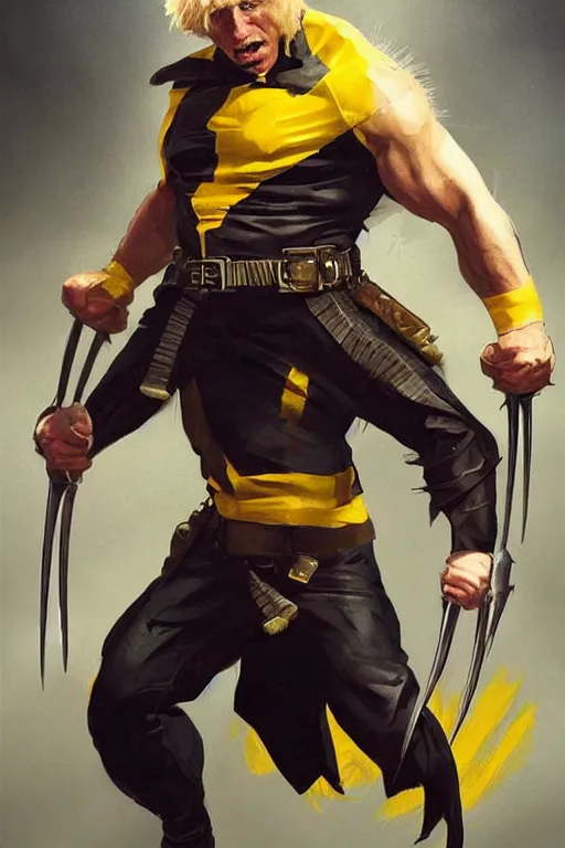 Image similar to Boris Johnson as movie Wolverine, claws are up, yellow X-man costume, Boris Johnson hairstyle, calm, grumpy, portrait, masculine figure, highly detailed, digital painting, artstation, concept art, smooth, sharp focus, illustration, cinematic lighting, art by artgerm and greg rutkowski and alphonse mucha