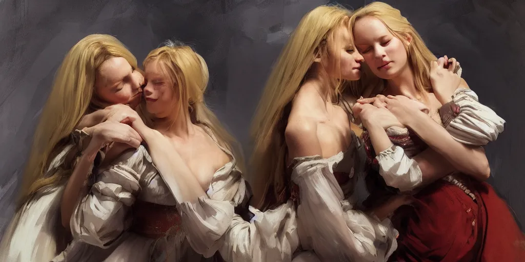 Prompt: portrait of two beautiful gorgeous captivating latvian belarusian finnish norwegian swedish glamour models as village maidens hugging tight wearing 1 7 th century off - the - shoulder bodice in dark dungeon, jodhpurs greg manchess painting by sargent and leyendecker, studio ghibli, medium shot asymmetrical intricate elegant illustration hearthstone, by greg rutkowski by greg tocchini by craig mullins
