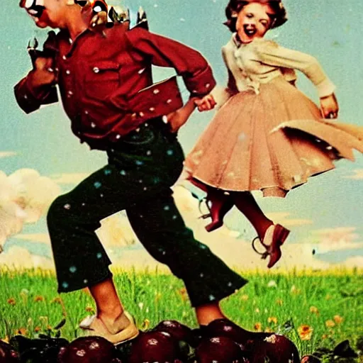 Prompt: highly detailed 1 9 5 0 s illustration of happy boy and happy girl running from a mushroom cloud in the background, norman rockwell, slightly grainy