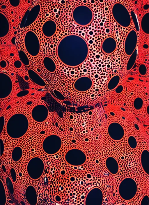 Prompt: a portrait photograph of a robot head designed by yayoi kusama, 3 5 mm, color film camera, dezeen, architecture