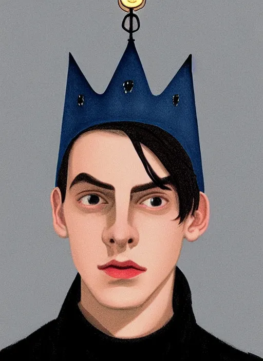 Image similar to portrait of teenage jughead jones wearing a light grey crown, crown, blue turtleneck, 1 9 5 0 s, closed eyes, photorealistic, black hair, glowing lighting, intricate, elegant, glowing lights, highly detailed, digital painting, artstation, concept art, smooth, sharp focus, illustration, art by wlop, mars ravelo and greg rutkowski