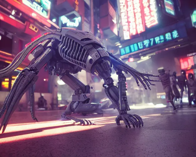 Image similar to CHAPPIE Breakdancing In The Middle of Neo Tokyo Surrounded by Xenomorph Crews In Lacoste and Street Wear, Full Figure, 8K, octane render, HDR, photorealistic, volumetric lighting, Hyperrealistic-H 960