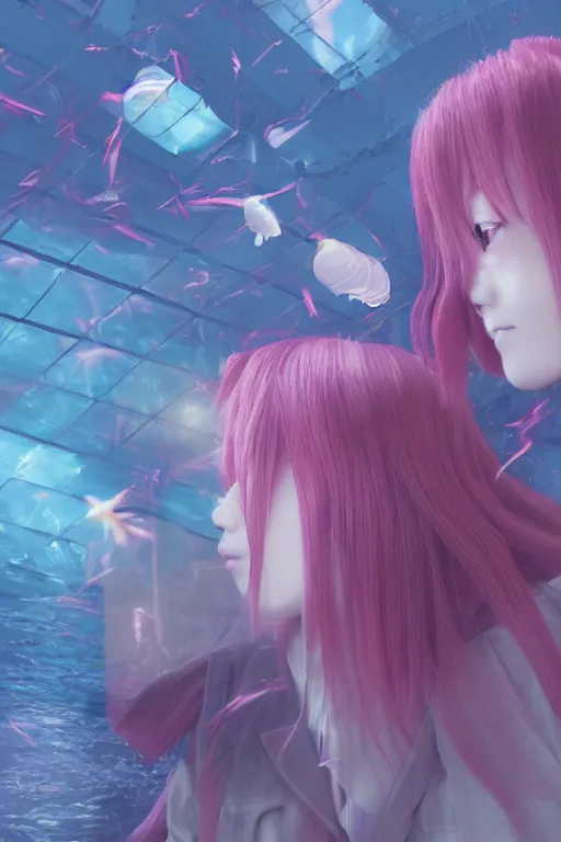 Prompt: 3d realistic dramatic infrared photo of two anime schoolgirls with a realistic face falling down from huge japanese bridge in a dark subway station under water in Japan. Close-up portrait. There are pink palm trees and translucent glow jellyfish flying around. Volumetric composition. Pastel colors in the style of Hiro Kiyohara, redshift, octane, trend artstation, cinematic, hyper realism, high detail, 8k